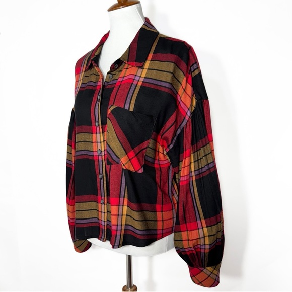 Sanctuary Colorful Plaid Red Black Puff Balloon Long Sleeve Buttondown Shirt L - Picture 5 of 11
